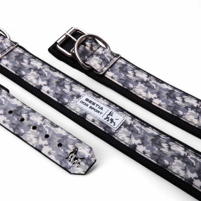Dog collar and leash set with camouflage pattern on a white background