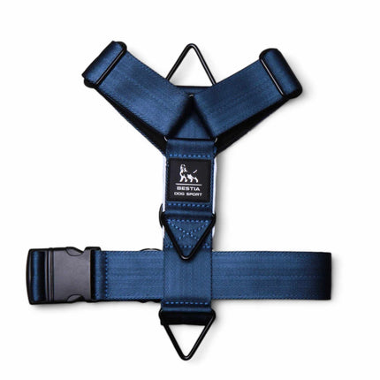 Blue dog harness with black hardware on a white background