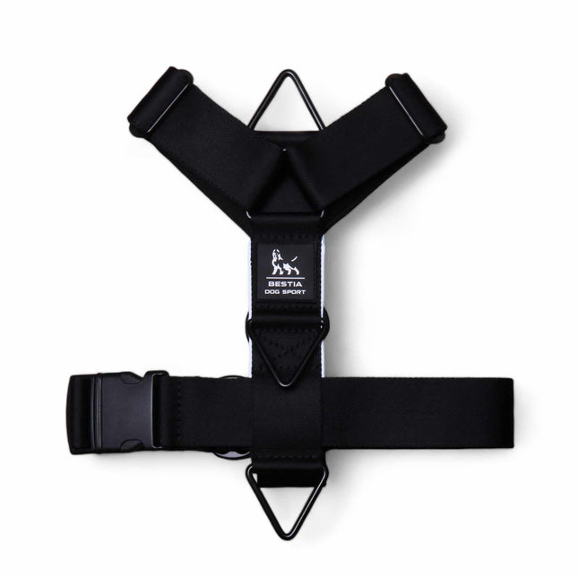 Black dog harness with brand logo on a white background