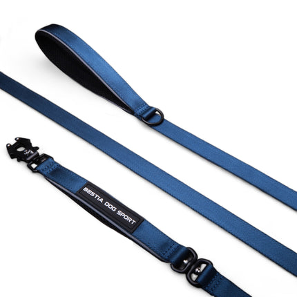 Blue dog leash with black hardware on a white background