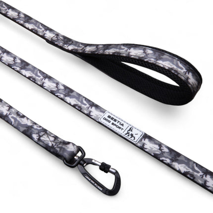 Dog leash with black white and gray camo pattern on a white background