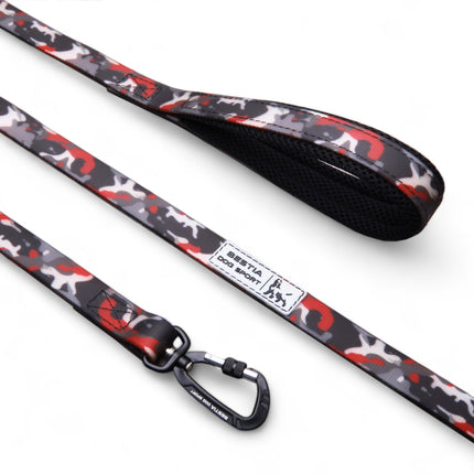 Dog leash with black, red, gray and white camouflage pattern on a white background