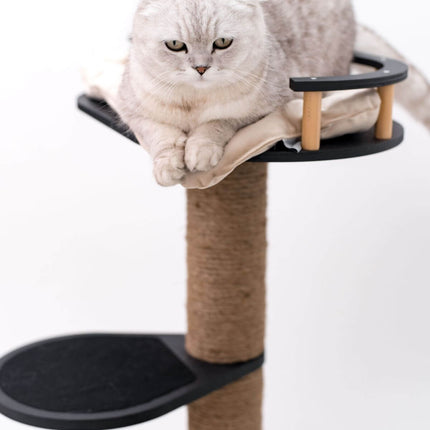 Cat lounging on a cat tree with multiple platforms