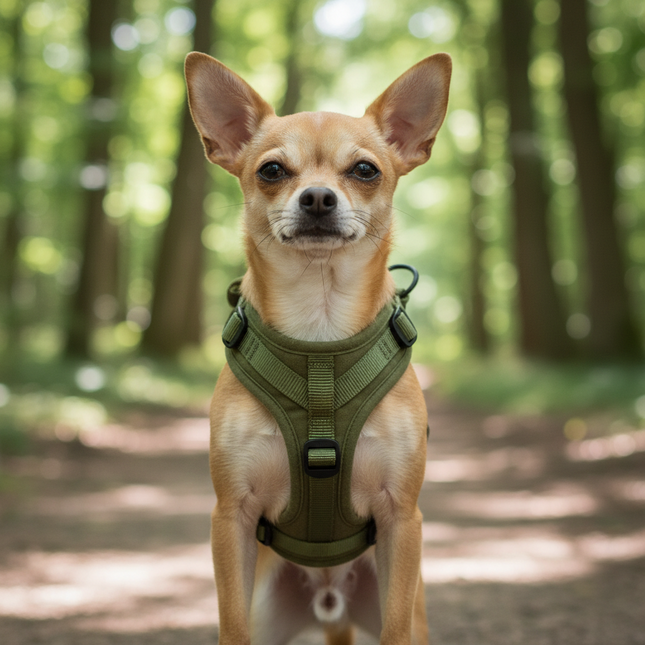 Dog wearing a green harness sitting next to a plant