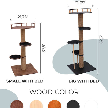 Cat tree with bed dimensions and color options on a light gray background