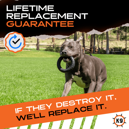 Dog running with a toy in a grassy field, promotional text about a lifetime replacement guarantee, and K9 logo.