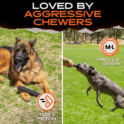 Two dogs playing with a tug toy on grass, with text indicating the product is loved by aggressive chewers and suitable for medium to large dogs.