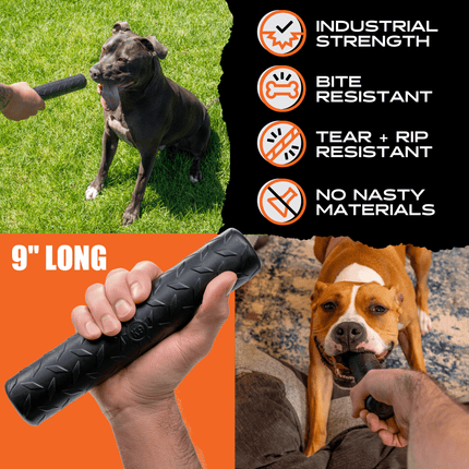 Dog toy with text highlighting features and a hand holding it, surrounded by images of dogs and text about product attributes.