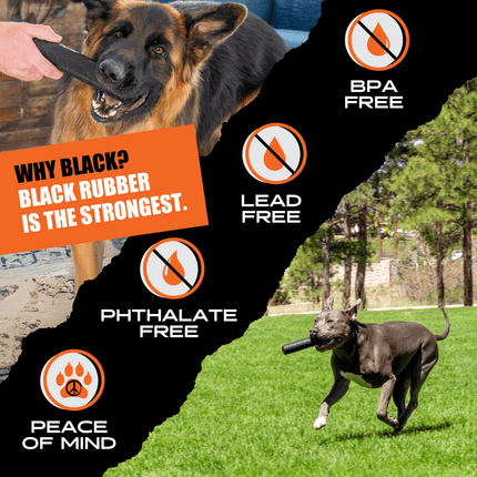 Dog with a black rubber toy, promotional text about product benefits, and a dog running on grass.
