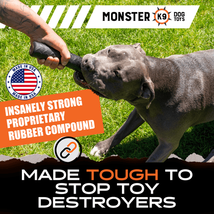 Dog playing with a toy on grass, with Monster K9 branding and product features highlighted.