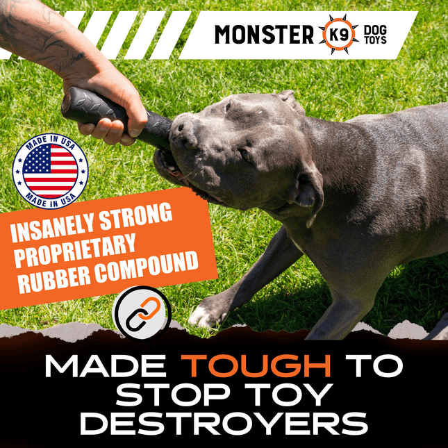 Dog playing with a toy on grass, with Monster K9 branding and product features highlighted.
