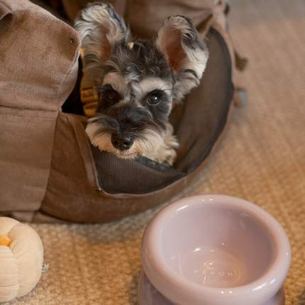 Dog peeking out from a brown pet bed with a pink bowl on a carpeted floor.