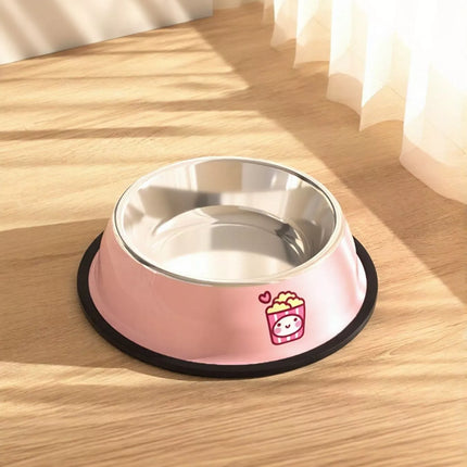 Pink pet bowl with a cartoon design on a wooden floor