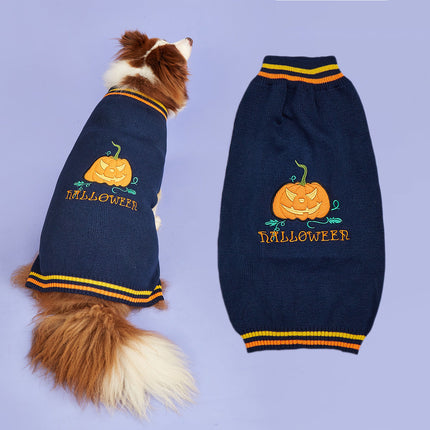 Dog wearing a navy blue Halloween-themed sweater with a pumpkin design on a light purple background.