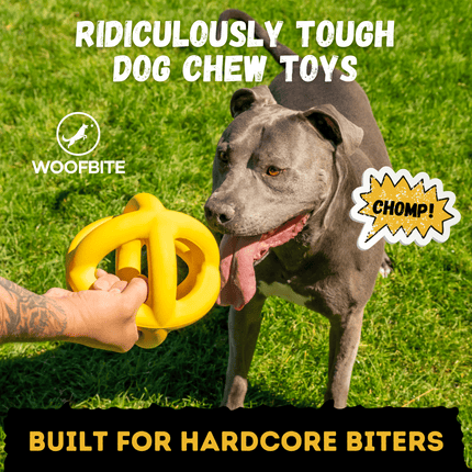 Dog playing with a yellow chew toy on grass, with 'WoofBite' branding.