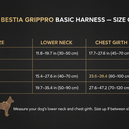 Bestia GripPro Basic Dog Harness size guide showing lower neck and chest girth measurements for sizes M, L, and XL