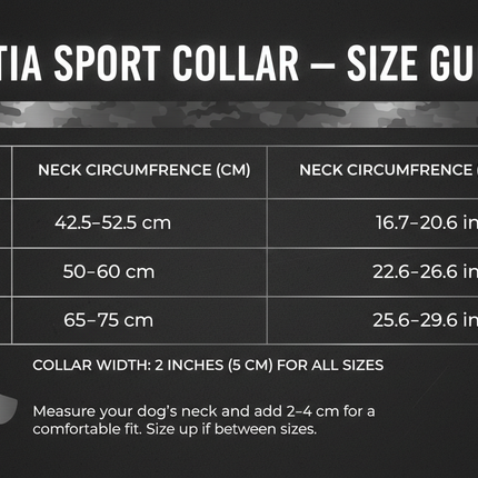 Bestia 2-Inch Ultra Heavy-Duty Sport Collar Grey Camo size guide showing neck measurements for sizes M through XXL