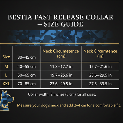 Bestia 2-Inch Fast Release Dog Collar size guide showing neck measurements for sizes S through XXL