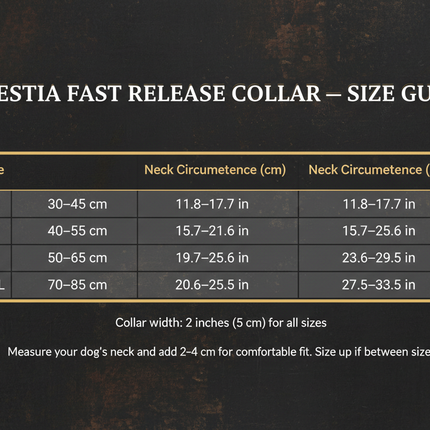 Bestia 2-Inch Fast Release Dog Collar Blue Camouflage size guide showing neck measurements for sizes S through XXL