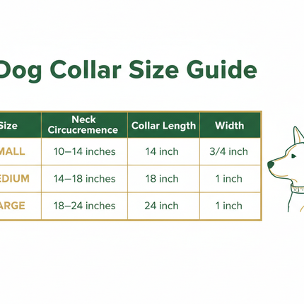 Dog collar size guide showing Small, Medium, and Large sizing with neck circumference and collar dimensions