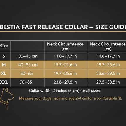 Bestia 2-Inch Fast Release Dog Collar Black size guide showing neck measurements for sizes S through XXL