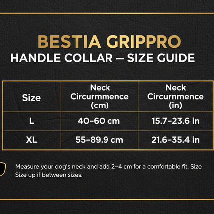 Bestia GripPro Handle Collar size guide showing neck measurements for sizes L and XL
