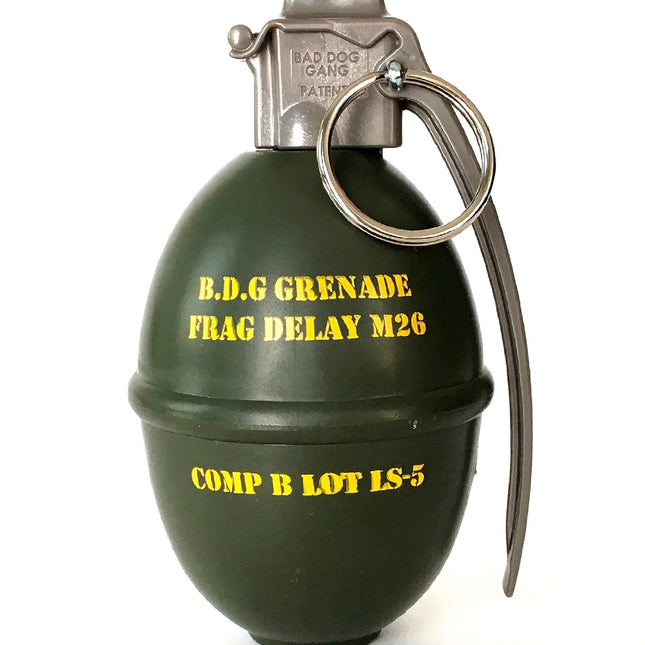 Green grenade poop bag holder with yellow text on a white background
