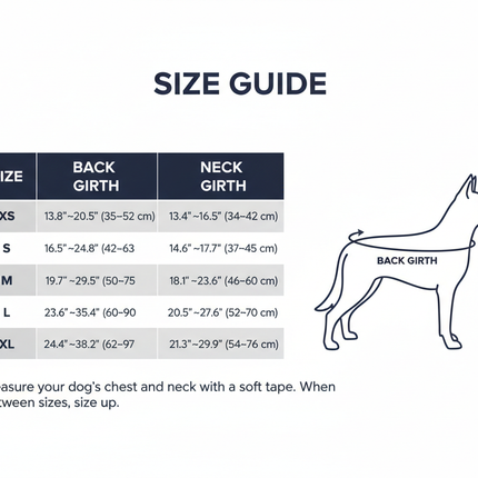 Size chart for service dog harness showing back girth and neck measurements for XS through XL