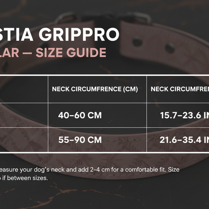 Bestia GripPro Print Collar Pink size guide showing neck measurements for sizes L and XL