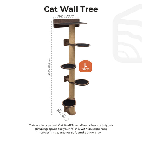 Cat wall tree with dimensions and features on a white background