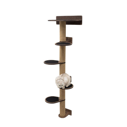 Cat tree with multiple levels and a ball on a white background