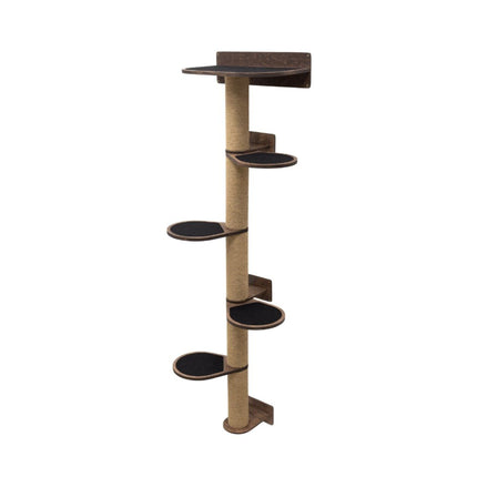 Cat tree with multiple levels and a scratching post on a white background