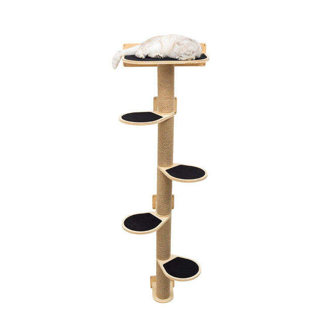Cat tree with multiple levels and a cat sleeping on top against a white background