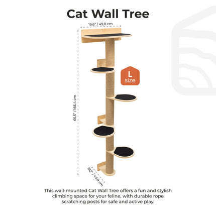 Cat wall tree with dimensions and features on a white background