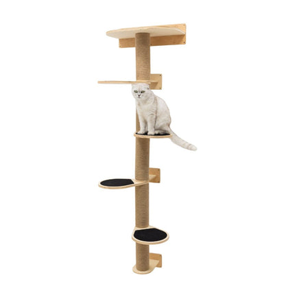 Cat sitting on a wooden cat tree with multiple platforms on a white background