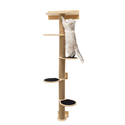 Cat climbing a wooden cat tree on a white background