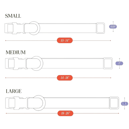 Measurement chart for dog collars in small, medium, and large sizes on a white background.