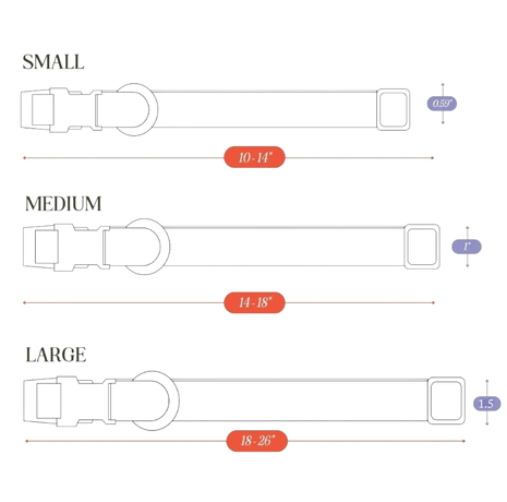 Measurement chart for dog collars in small, medium, and large sizes on a white background.
