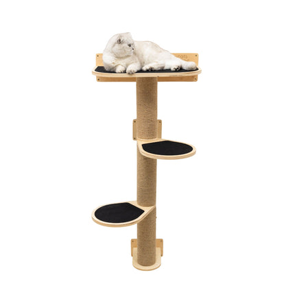 Cat tree with a cat sitting on top against a white background
