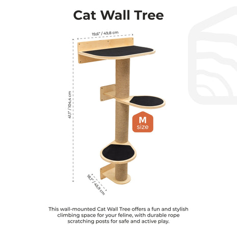 Cat wall tree with dimensions and features on a white background