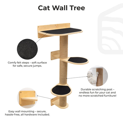 Cat wall tree with features highlighted on a white background