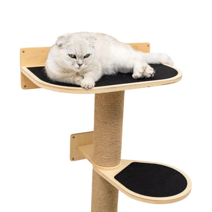 Cat lounging on a wooden cat tree with black platforms