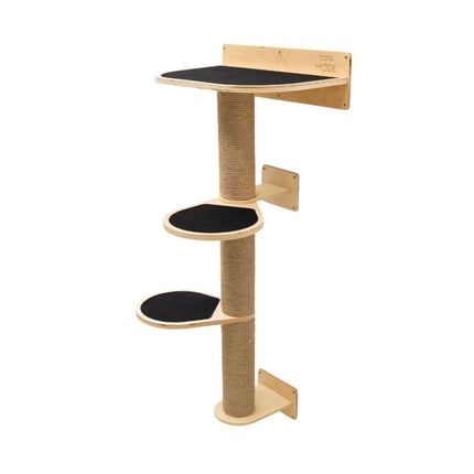 Cat tree with wooden structure and black platforms on a white background