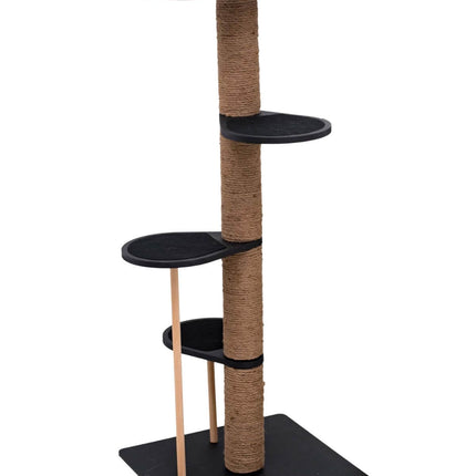Cat tree with multiple platforms and a scratching post on a white background