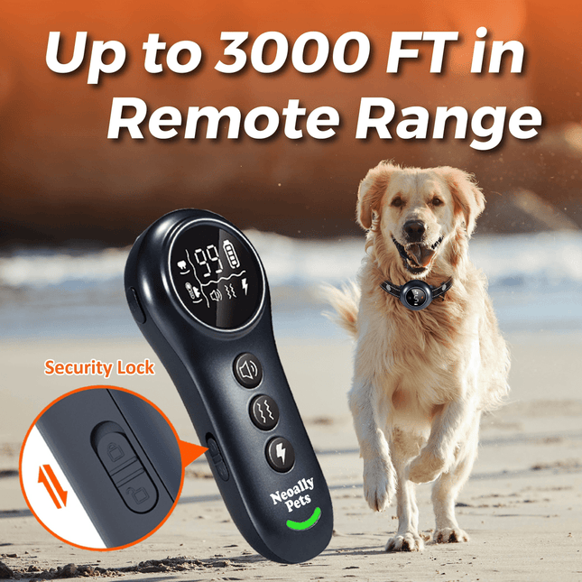Dog training device with remote control and dog on beach, text 'Up to 3000 FT in Remote Range'.