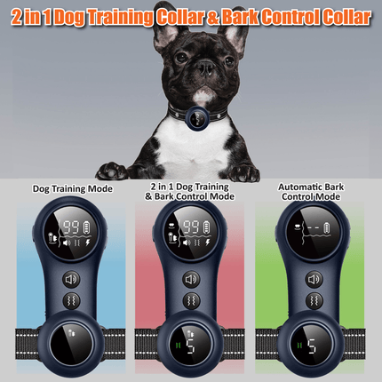 Dog wearing a 2-in-1 training and bark control collar with mode indicators on a gray background.