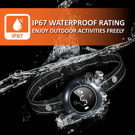 Black LED headlamp with water splashes and IP67 rating text on an orange and black background