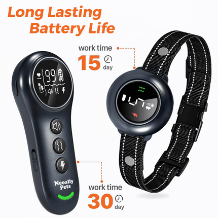 Pet training device with digital display and black collar on a white background