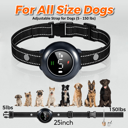 Dog collar with adjustable strap for dogs of various sizes, featuring a digital display.