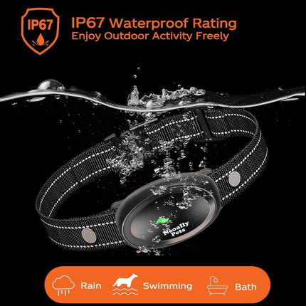 Black dog collar with water droplets and IP67 rating text on a black background